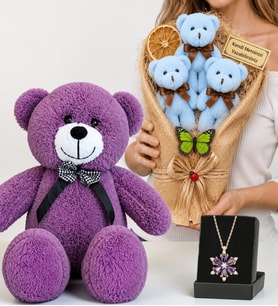 Kişiye Özel Mavi Ayıcık Buketi, Gerçek Ametist Taşlı Lotus Kolye ve 50 cm Mor Peluş Ayıcık Hediye Seti