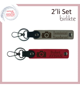 Objektif Gibi Keskin Duygular, Kamera Temalı İsme Yazılabilir Anahtarlık Takımı, Kül Gri-Kırmızı