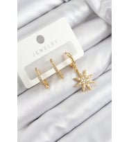 Pirinç Zirkon Taşlı Kutup Yıldızı Model Gold Renk 3'lü Set Kadın Küpe (Altın)
