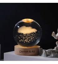 Kişiye Özel Işıklı Ahşap Kaideli YağmurBulutu Cam Küre 8cm*6cm