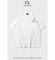 Unisex Kadın Erkek Minimalist Cat Baskılı Özel Tasarım Oversize T-shirt (Beyaz)