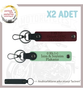 Motorcu Dostlara Özel, İsim Plaka ve 0 Rh (+) Kan Grubu Yazılı x2 Anahtarlık Set, Yeşil-Bordo-Laci (Çok Renkli)