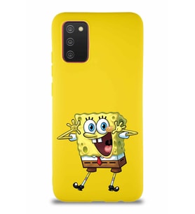 Samsung Galaxy A02S Soft Premier Kapak Sünger Bob Tasarımlı Silikon Kılıf - Sarı (Şeffaf)