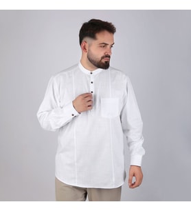 Hakim Yaka Keten Görünümlü Terletmeyen %100 Pamuk Aksa Uzun Kollu  Gömlek -Beyaz