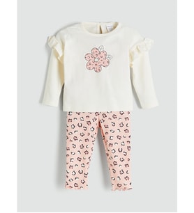 LCW baby Ekru Çiçekli Fırfırlı Kız Bebek Bluz Ve Tayt