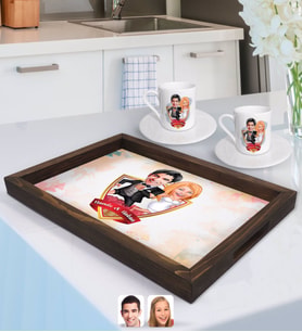 BK Gift Kişiye Özel İsimli Evleniyoruz Karikatürlü Doğal Ahşap Tepsi ve 2’li Kahve Fincan Seti-10