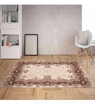 Osmanlı Desen Çerçeveli Dijital Baskı Yıkanabilir Kaymaz Taban Klasik Salon Halısı ve Yolluk (Bej)