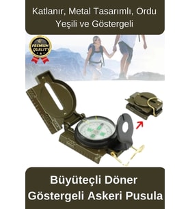 Premium Metal Taşınabilir Katlanır Tel Kılavuzlu Büyüteçli Göstergeli Ordu Yeşili Kamp Askeri Pusula