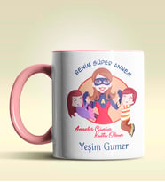 Kişiye Özel Benim Süper Annem 2 Temalı Pembe Kupa Bardak (Pembe)