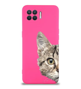 Oppo Reno 4 Lite Uyumlu Lansman Kılıf Catface Tasarımlı İçi Kadife Kapak-Neon Pembe (Şeffaf)