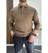 Erkek Düğmeli Polo Yaka Kazak Kahverengi Edw231