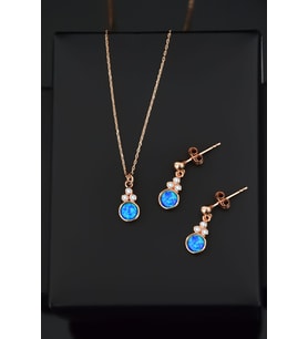 Papatya Silver 925 Ayar Gümüş Mavi Opal Yuvarlak Kolye Ve Çiftli Küpe (Rose)
