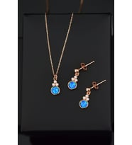 Papatya Silver 925 Ayar Gümüş Mavi Opal Yuvarlak Kolye Ve Çiftli Küpe (Rose)