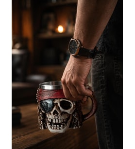 Korsan Kuru Kafa Kupa Bardak 400 ml Paslanmaz Çelik İç Hazneli Dekoratif Skull Mug Kahve Çay Kupası