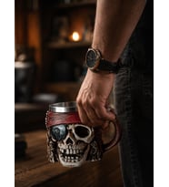 Korsan Kuru Kafa Kupa Bardak 400 ml Paslanmaz Çelik İç Hazneli Dekoratif Skull Mug Kahve Çay Kupası