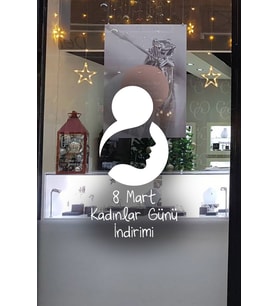 8 Mart Kadınlar Günü  İndirimi Yazısı Cam Vitrin Sticker 60cm (Beyaz)