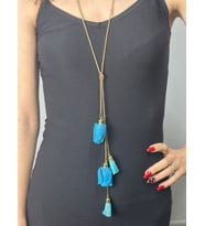 SARI ZZİNCİRLİ MAVİ ÇİÇEKLİ KADIN KOLYE BOY 60