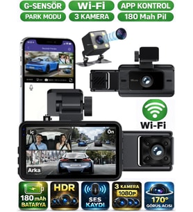 S15 WiFi 3 Kameralı Araç İçi Güvenlik Kamerası IR Gece Görüşlü Ön-Arka-İç Kayıt DashCam Araç Kamerası
