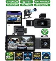 S15 WiFi 3 Kameralı Araç İçi Güvenlik Kamerası IR Gece Görüşlü Ön-Arka-İç Kayıt DashCam Araç Kamerası
