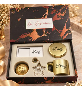 BK Gift Kişiye Özel İsimli Gold Kahve Fincanı & Mum & MDF Altlıklı Dekor & Anahtarlık - Hediye Kutulu Gold Set-2