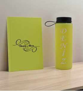 BK Gift Kişiye Özel İsimli Sarı Defter ve Matara Hediye Seti-3, Sevgiliye Hediye, Arkadaşa Hediye, Yeni İş Hediyesi