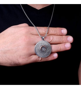 925 Ayar Gümüş Koruma Dua'ları Yazılı Madalyon Kolye (Gri)