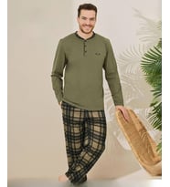 Pijamoni Erkek Pamuklu Düğme Yaka Uzun Kol İnce Pijama Takımı 100/11 - 1 Adet (Haki)