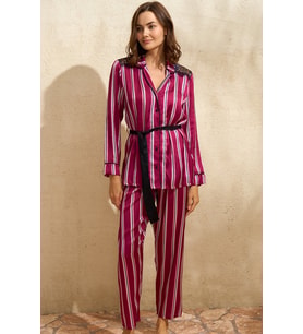Kadın Saten Çizgili Düğmeli Uzun Kol Dantelli Gömlek ve Pantolon Pijama Takım (Renksiz)