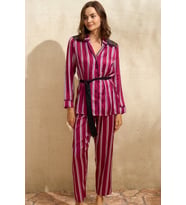Kadın Saten Çizgili Düğmeli Uzun Kol Dantelli Gömlek ve Pantolon Pijama Takım (Renksiz)