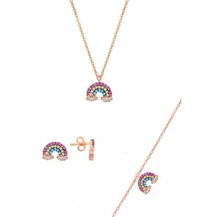 Söğütlü Silver Gümüş rose renkli taşlı gök kuşağı üçlü set