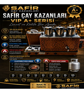 3 GÖZLÜ BAKIR ÇAY KAZANI ELEKTRİK + TÜPLÜ BAKIR ÇAY SEMAVERİ LPG’Lİ GÜNEŞ MODEL BAKIR ÇAY OCAĞI KAZANI VİP PLUS