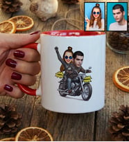 Kişiye Özel Karikatürlü Motorlu Sevgililer Kupa Bardak Sevgililer Günü Hediyesi