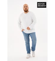 Erkek Büyük Beden Uzun Kollu 2 İplik Bisiklet Yaka Tişört (Beyaz)