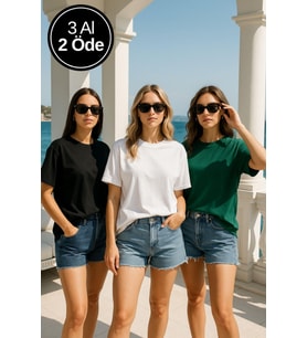 Kadın 3'lü Paket Yeşil-Beyaz-Siyah %100 Pamuk Oversize Basic Tişört Bisiklet Yaka Relaxed T-Shirt