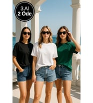 Kadın 3'lü Paket Yeşil-Beyaz-Siyah %100 Pamuk Oversize Basic Tişört Bisiklet Yaka Relaxed T-Shirt