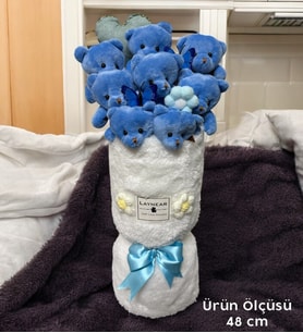 Premium Mavi Peluş Ayıcık Kalp Yastıklı Peluş Vazo Tasarımlı Buket