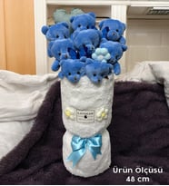 Premium Mavi Peluş Ayıcık Kalp Yastıklı Peluş Vazo Tasarımlı Buket