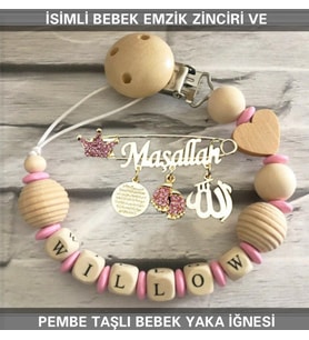 İsimli Bebek Emzik Zinciri ve Pembe Taşlı Bebek Yaka İğnesi
