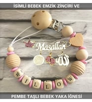 İsimli Bebek Emzik Zinciri ve Pembe Taşlı Bebek Yaka İğnesi