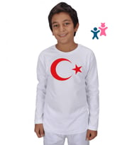 Çocuk Ay Yıldız Baskılı Tişört Çocuk Unisex Uzunkollu (Beyaz)