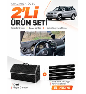 TOYOTA RAV4 (2000-2005) Uyumlu Torpido Örtüsü + Deri Bagaj Çantası + Sticker Seti - Siyah Gri