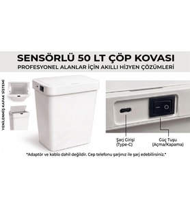 Sensörlü Çöp Kovası Şarjlı 50 LitreTemassız Hijyenik Yerli üretim-Beyaz