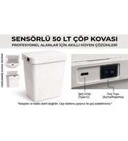 Sensörlü Çöp Kovası Şarjlı 50 LitreTemassız Hijyenik Yerli üretim-Beyaz