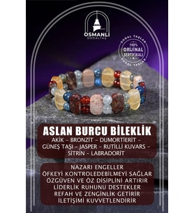 Aslan Burcu Bileklik Bronzit, Dumortierit, Güneş Taşı, Jasper, Kırmızı Akik, Labradorit, Rutilli Kuv