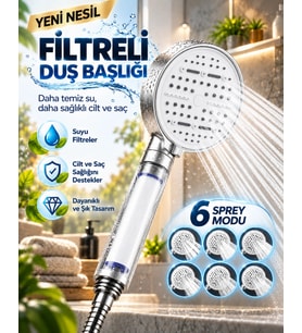 6 Sprey Modlu Filtreli Duş Başlığı Büyük Su Paneli Silikon Nozullu Beyaz Modern Tasarım
