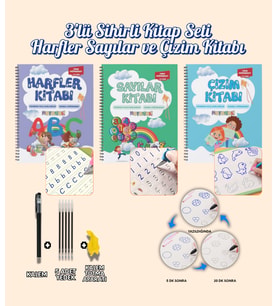 Motossori  Çocuklar İçin Aktive Eğitici Kitap  Harfleri  Sayıları ve Çizmeyi Öğreten Oluklu (Kabartmalı) 3’lü Kitap Seti  Sihirli Yazı
