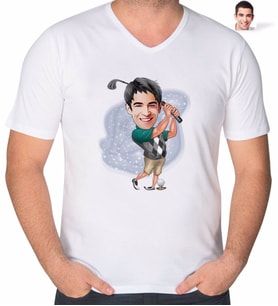 BK Gift Kişiye Özel Erkek Golfçu Karikatürlü V Yaka Tişört-1 (Beyaz)