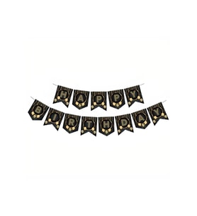 Zikzak Banner Ofset Siyah Gold Happy Birthday (Çok Renkli)