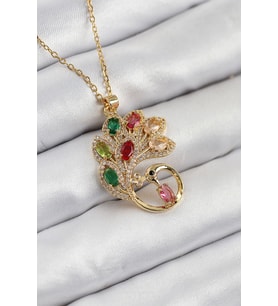 316L Çelik Zirkon Taşlı Tavus Kuşu Model Gold Renk Kadın Kolye - TJ-BKO10514