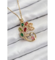 316L Çelik Zirkon Taşlı Tavus Kuşu Model Gold Renk Kadın Kolye - TJ-BKO10514